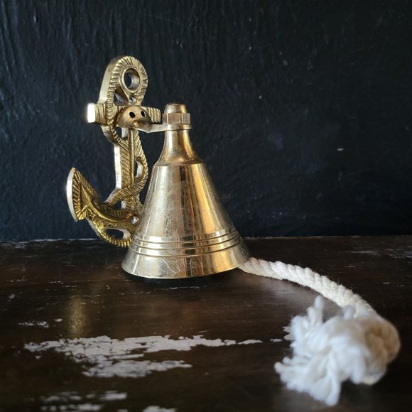 Small Vintage Metal Brass Anchor Hanging Dinner Bell, Brass Bell, Nautical Decor - Picture 1 of 6